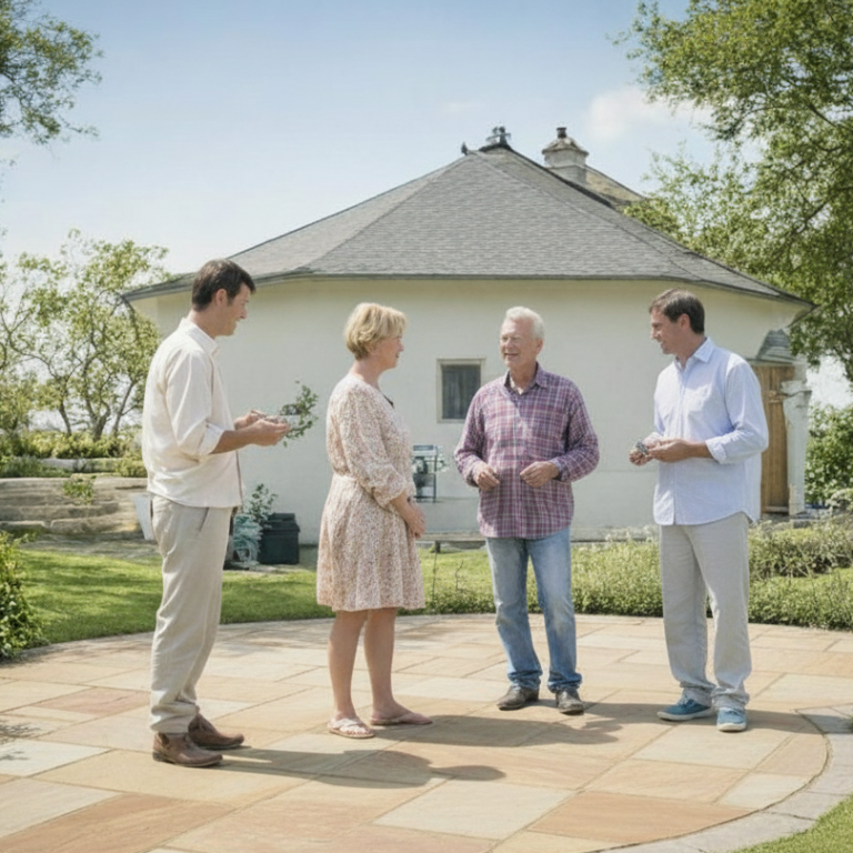 Four individuals discussing garden Four individuals discussing outdoors near a modern building in a garden setting.